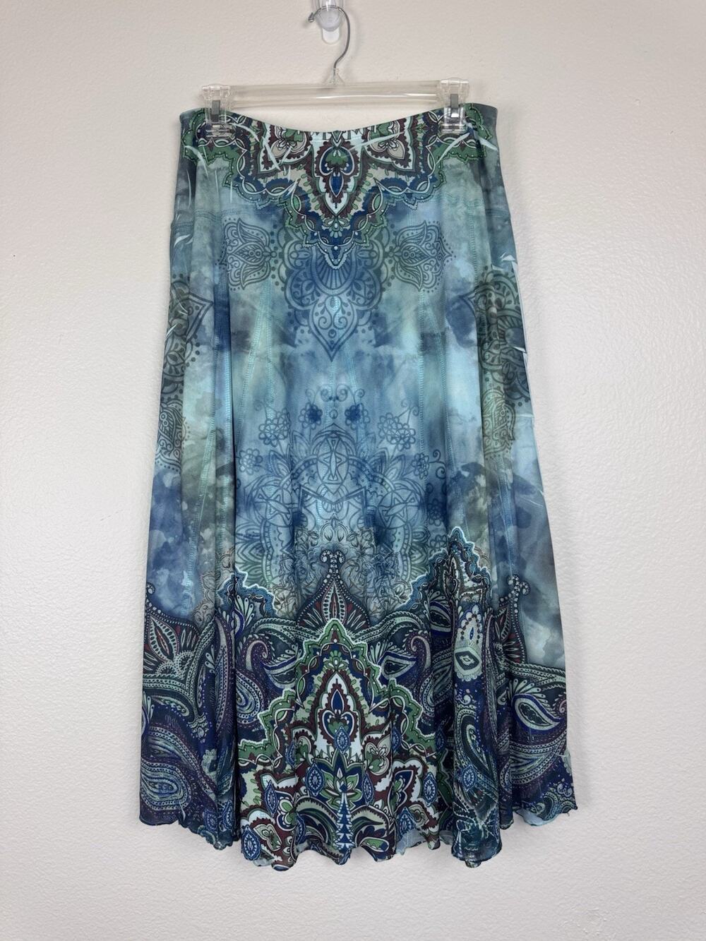 Vintage Y2K One World Boho Hippie Printed Mesh Midi Skirt A-Line Festival Blue M